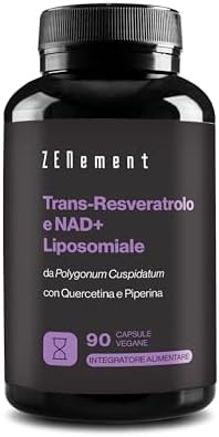 Trans-Resveratrolo & NAD+ Liposomiale, con Quercetina e Piperina, 580 mg per Capsula, 90 Capsule - Anti-Invecchiamento e Attivatore delle Sirtuine - Zenement