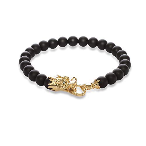 The Siege of The Brass Dragon Head 8mm Beaded Mens Bracelet - Antique Matte Finish - Rhodium Plating