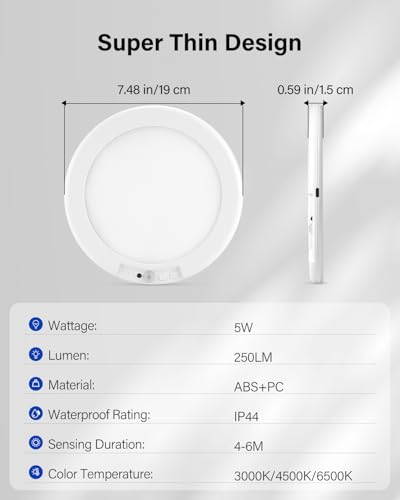 Leselux Motion Sensor Ceiling Light, 7.5" Battery Operated Sensor Light Indoor, 250LM 3 Colors Dimmable Ceiling Lights with Remote Control, Wireless Wall Lights for Garage Toilet Hallway