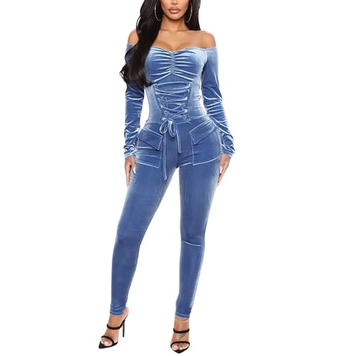 VOIKERDR LONG SLEEVE JUMPSUIT FOR WOMEN VELVET JUMPSUIT OFF THE SHOULDER BLUE JUMPSUITS HIGH WAIST SEXY BODYCON ROMPER