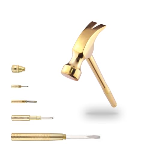Multifunction Hammer 6 in 1 with Slotted/Flat Head Phillips Screwdriver Claw Hammer Manual, Portable Metal Mini Tool Hammer (Gold)