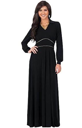 KOH KOH Womens Long Sleeve V-Neck Flowy Semi Formal Elegant Gown Maxi Dress