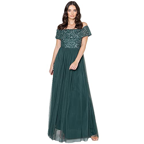 Maya Deluxe Vestido Maxi Adornado Maya Bardot Dama de Honor, Verde Esmeralda, 46 para Mujer
