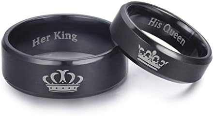 King and Queen Rings for Couples - 2pcs His Hers Stainless Steel Matching Ring Sets for Him and Her - Promise Engagement Wedding Band Black Comfort Fit