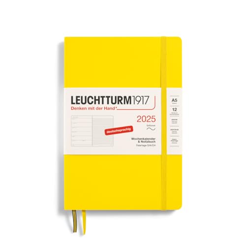 LEUCHTTURM1917 370511 Weekly Calendar & Notebook 2025, Medium A5 Softcover - 12-Month Planner, 80 g, Lined - Lemon