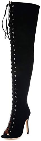 XWQYY Women's Over The Knee Boots, Slim Boots Zip High Boots High Heels Shoes Thick with Front Lace Boots Round Boots,Black-36EU