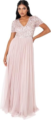 Maya Deluxe Women's Ladies Dress for Wedding Guest Plus Size Empire High Waist Sequins Short Sleeve Evening Bridesmaid, Frosted Pink, 16