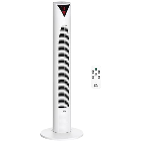 HOMCOM Freestanding Tower Fan Cooling for Home Bedroom with Oscillating, 4 Modes, 3 Speeds, 12h Timer, LED Sensor Panel, Remote Controller, White