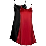 Genuwin Women's 2 Pack Full Slip Lingerie for Women Chemise Slip Dress Satin Silky Nightgown