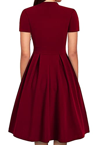 Yikomi Women's Summer Vintage Bow Tie Pockets Swing Casual Work Party Dress K208 (Wine Red 01, L)