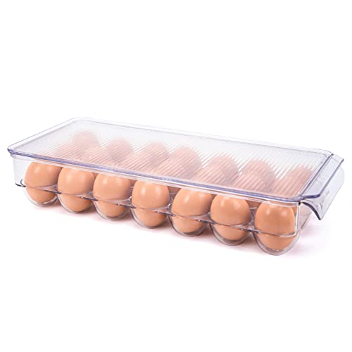 HANSGO Egg Holder for Refrigerator, Stackable Fridge Fresh Eggs Organizer Tray with Lid & Handles, Clear Plastic Deviled Egg Storage Drawer for Countertop, Containers, Stores 21 Egg