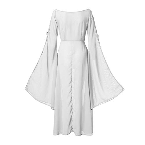 Women Hollow Trumpet Sleeve Flare Dress Off Shoulder Vintage Party Club Elegant Performance Medieval Costume by Lowprofile White - Thumbnail 3