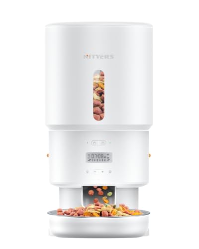 Nityers Automatic Cat Feeder, 5L Cat Feeder Automatic with Timer, Cat Food Dispenser, Keep Dry Food Fresh, Scheduled 1-6 Meals & 1-16 Portions, 10s Voice Recorder (أبيض لؤلؤي)