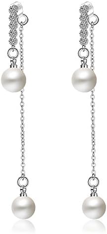 925 Sterling Silver Tassel Pearl Drop Dangle Long Earrings for Women Girls (2 pearl)
