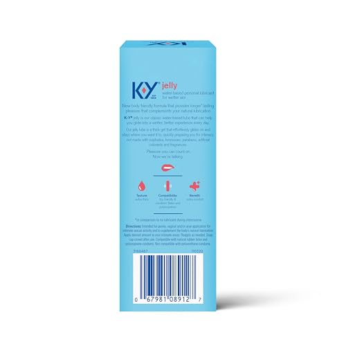 K-Y JELLY PERSONAL LUBRICANT, BODY-FRIENDLY WATER-BASED FORMULA, SAFE FOR ANAL SEX, SAFE TO USE WITH LATEX CONDOMS. GLIDE INTO A WETTER, BETTER EXPERIENCE EVERY DAY. FOR MEN, WOMEN, COUPLES, 4 FL OZ