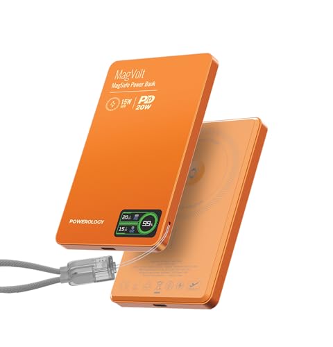 Powerology MagVolt 5000mAh Powerbank, Wireless Portable Charger, 15W & PD 20W Fast Charger, Compatible with Magsafe Power Bank, Built-in Sling Cable, Smart TFT Display for iPhone 17 Series (Orange)