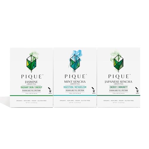 Pique Tea Organic Green Tea Crystals Sampler - Immune Support, Gut Health, Fasting - 42 Single Serve Sticks (Pack of 3)