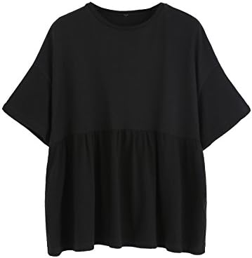 SheIn Women's Oversized Round Neck Half Sleeve Solid Babydoll Blouse Top Large Black