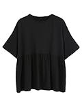 SheIn Women's Oversized Round Neck Half Sleeve Solid Babydoll Blouse Top Large Black