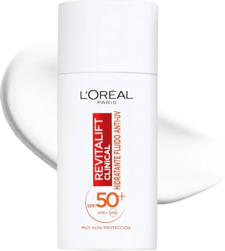 L'Oreal Paris Revitalift Clinical Fluido Hidratante Anti-UV SPF50+ Diario con Vitamina C. Protege tu Piel de los rayos solares. Previene Líneas de Expresión y Manchas oscuras. Acabado invisible, 50ml.