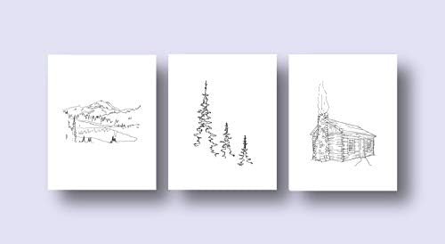 Ink Inc Mountain Forest Cabin Rural Landscape Line Drawings