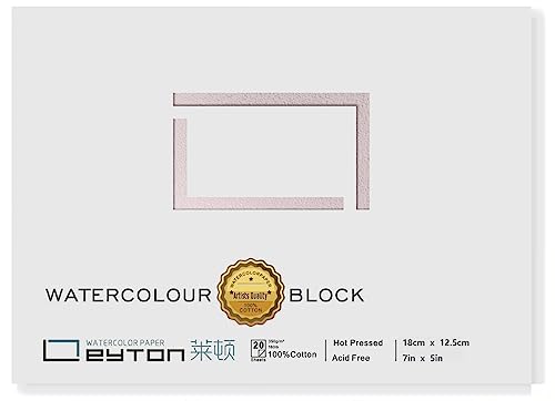 Non-Warping 100% Cotton Watercolor Paper Block - 20 Sheets of 160lb/350gsm Hot Press Water Color Art Supplies for Wet, Dry, and Mixed Media Painting, for Watercolor, Gouache, Acrylic (7 x 5'')
