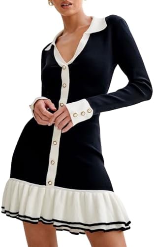 Sheface Women's Long Sleeve Ruffle Hem Knit Sweater Dress Collared