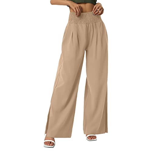 KICILVS Wide Leg Linen Pants for Women High Waisted Palazzo Pant Flowy Summer Beach Pants with Pockets Loose Fit Trousers Beige