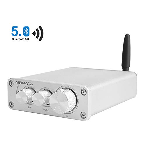 AIYIMA Bluetooth 5.0 Dual Channel HiFi TPA3116 Stereo Digital Audio Amplifier Receiver Class D Integrated Amp 2.0CH For Home Speakers 50Wx 2 With Treble & Bass Control(Silver-BT 5.0)