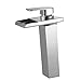 Wovier LED Water Flow Brushed Nickel Waterfall Bathroom Sink Faucet,Color Changing,Single Handle Single Hole Vessel Lavatory Faucet,Basin Mixer Tap Tall Body