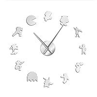 XIAMUXI 37" Retro DIY Video Game Characters Wall Art Stickers Great Wall Clock Geeky Nerd Gamer Game Room Decoration Clock Wall Clock Gift Wall Sticker Silhouette (Color : Silver)