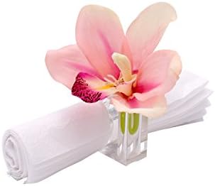 Napkin Ring Serviette Holders with Flower Vase Including Pink Artificial Flowers, Stunning Table Decor - (Set of 4 Napkin Rings with Vase in One Piece & Pink Platic Flowers) - By Playlearn