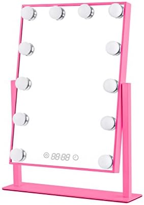 Orient Light LED Lighted Vanity Mirrors Classic Hollywood Look Tabletop Makeup Mirror with Touch Screen Buttons Dimmable Blubs Digital Clock Pink Frame with Digital Time