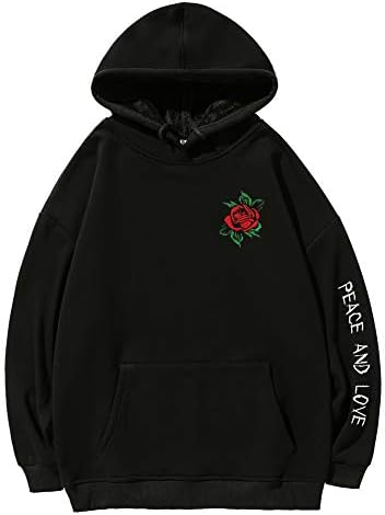 ZAFUL Men's Fleece Hoodie Unisex Rose Letter Print Hooded Pullover