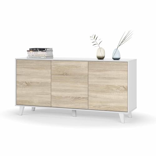 - Aparador Buffet, Salón Comedor 3 Puertas, Modelo Bora, Acabado en Blanco Brillo y Roble Canadian, Medidas: 154 cm (Ancho) x 75 cm (Alto) x 41 cm (Fondo)