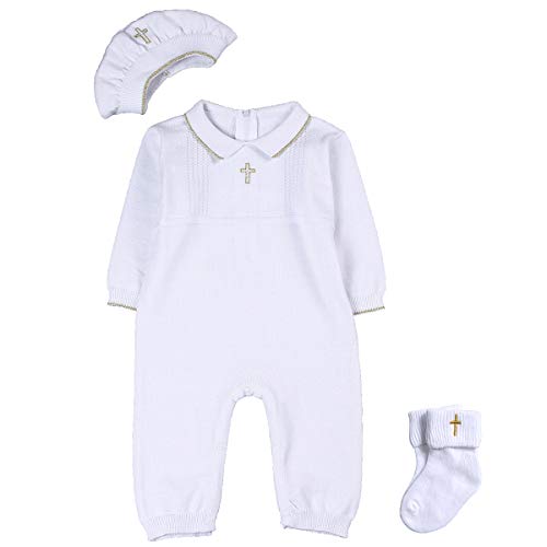 HAPIU Baby Boy Baptism Outfit with Hat Christening Outfit-Cross Detail, 3-6M, Pure White - Thumbnail 6