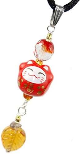 12V StreetGear Ceramic Series - Red Daruma Cat w/Luck Kanji & Leaf : Ceramic & Metallic Gold Maneki Neko Cat Pendant Lucky Charm 50mm - 20-22 inch Black Cord