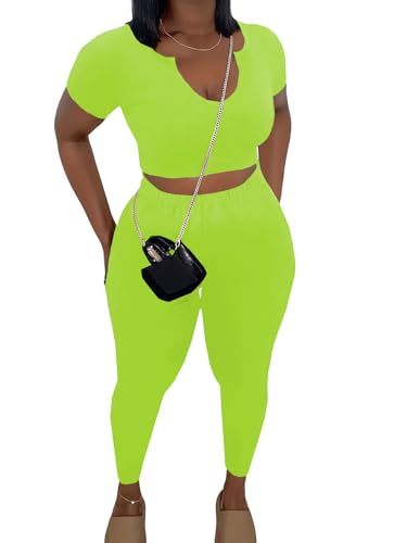Nimsruc 2Pc Outfits Women Short Sleeve Crop Top Leggings Set Neon Green L at Amazon
