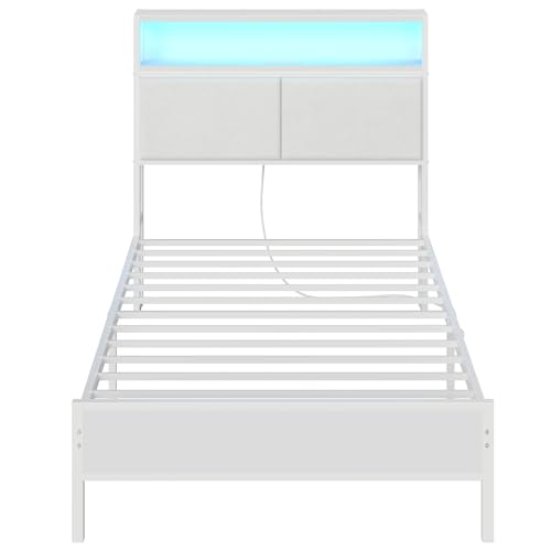 HOOBRO Twin Bed Frame, Metal Platform Bed Frame with Storage Headboard, Bed Frame with Charging Station and LED Light, White WW13UDBF01