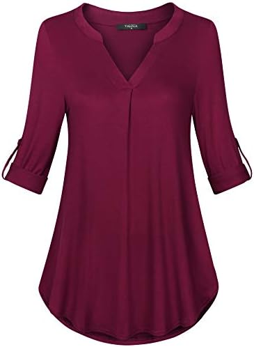VALOLIA Women's 3/4 Roll-up Long Sleeve Shirts Notch V-Neck Casual Tops Flowy Tunic Blouse