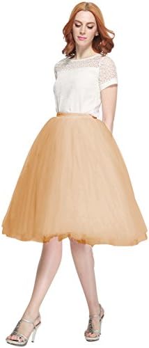 Nemobridal Women's 7 Layer Short Elastic Waistband Tutu Princess Tulle Midi Skirt (L/XL, Gold)