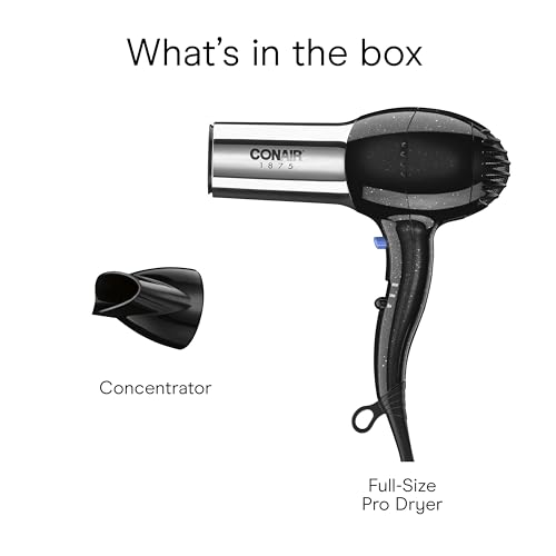Conair Hair Dryer, 1875W Full-Size Hair Dryer with Ionic Conditioning, Blow Dryer, Tourmaline Ceramic Technology for Quick Drying, Black/Chrome