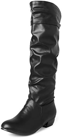 Sungtin Women's Black Faux Leather Knee High Flat Slouch Boots 10 M US