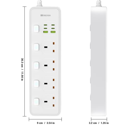 4 Way Gang Extension Lead with USB Slots, UK Plug 3 Pin Socket Outlet, 10-in-1 Surge Protector Plug Extension Socket with Individual Switches, Power Strip Extender with 2M Cable for Home, Bedroom