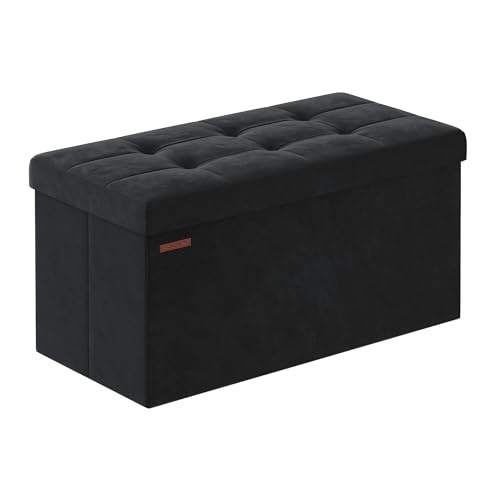 SONGMICS Storage Bench, Velvet Pouffe with Lid, with 2 Boxes, 38 x 76 x 38 cm, Load Capacity 300 kg, for Hallway, Living Room, Bedroom, Ink Black LSF247B01