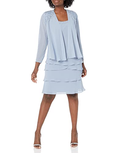 S.L. Fashions Women's Mother of The Bride Tiered Jacket Dress with Shoulder Embellishment (Petite and Regular Sizes) Special Occasion, Hydrangea, 16