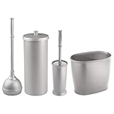 mDesign Bathroom Accessories Set, Plunger Holder, Toilet Paper Holder, Toilet Bowl Brush, Wastebasket Trash Can - Set of 4, Silver