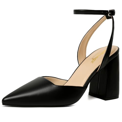 RIBONGZ Block Black Heels for Women Closed Pointed Toe Heeled Slingback Chunky High Leather Heel Ankle Strap Pumps Comfortable Dressy Shoes for Work Party Prom Wedding Bridal Dress Size 7 at Amazon
