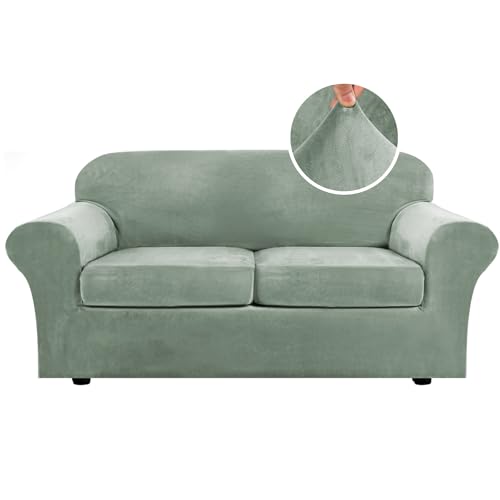 Photo 1 of H.VERSAILTEX Real Velvet Plush 3 Piece Stretch Sofa Covers Couch Covers for 2 Cushion Couch Sofa Slipcovers Width Up to 90 Inch Thick Soft Stay in Place (Large Sofa, Sea Grass)