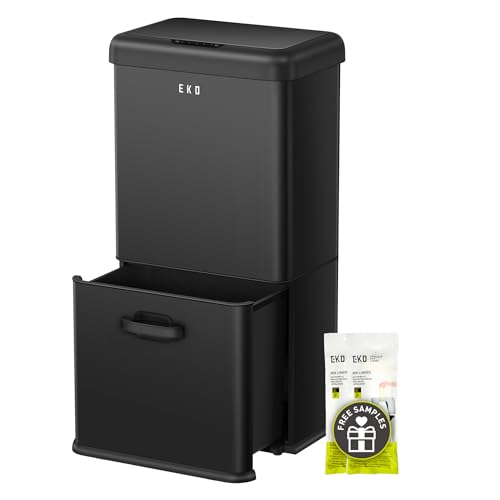 EKO Vintage Sensor Mülleimer 50 L (32 L + 18 L), Edelstahl, 2 Fächer, Elektrischer Abfalleimer für Küche, Automatischer Deckel, Softclose, Fingerabdru